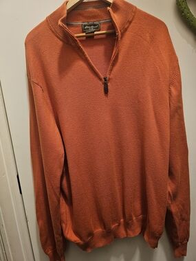 Eddie Bauer Men's Large Orange Quarter Zip Sweater Cotton Cashmere Blend Soft